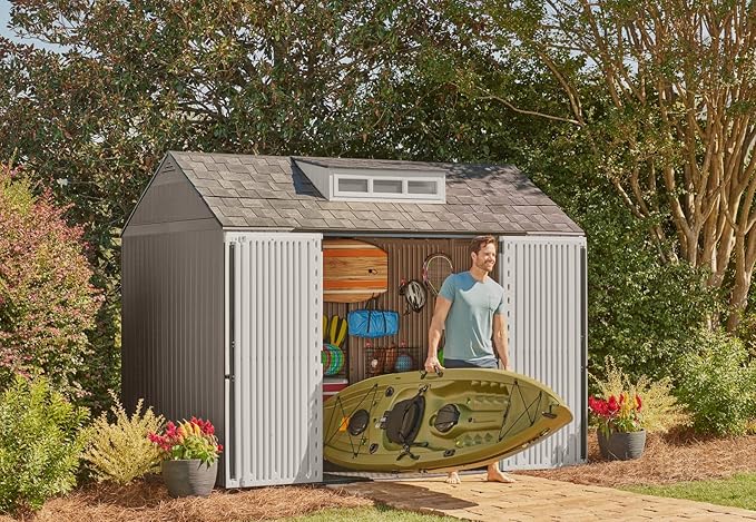 Rubbermaid Extra Large Resin Outdoor Storage Shed With Floor (7 x 10.5 Ft.) Weather Resistant Brown Organization for Home/Lawn Mower/Backyard Equipment/Bike Storage/Pool Supplies Rubbermaid
