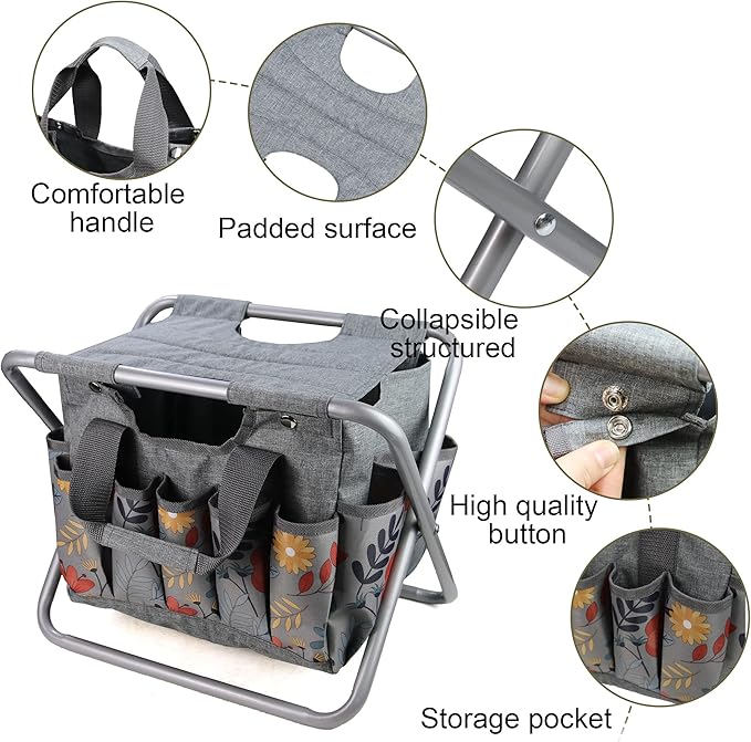 MDSTOP Folding Gardening Stool with Detachable Storage Tote Bag, Gardening Tools Set Organizer for Fishing Outdoor Sports Hiking Camping Garden, Gardening Gifts for Mom/Dad, Without Tools (Aluminum) MDSTOP