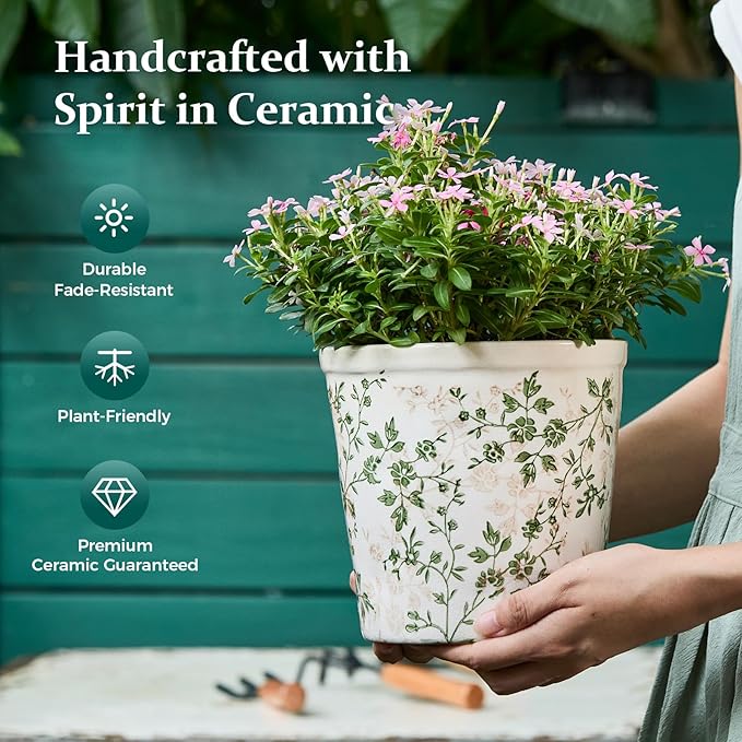 Ceramic Planter Without Drainage Hole, 6.7 Inch - Indoor/Outdoor Flower Pot for Orchids, Succulents, Green Floral Modern Farmhouse Design Plant Pot for Home,Office & Garden Décor, Ideal Gift TEWEIQI