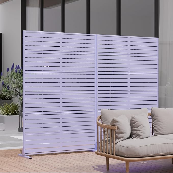 Casaphoria Metal Privacy Screen Outdoor, 72" H x 47" W Freestanding Decorative Privacy Screen for Patio Deck Balcony Garden with Stable Base, Purple-Louvered Casaphoria