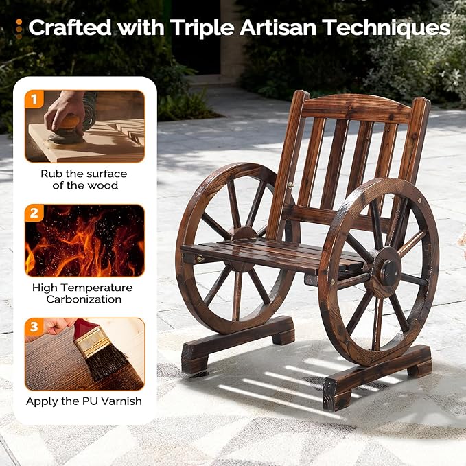 VINGLI Rustic Wooden Patio Chair with Wagon Wheel Armrests, Outdoor Dining Chairs Solid Wood Frame Seating for Farmhouse Garden Porch Lawn Balcony (Rustic, Chair) VINGLI