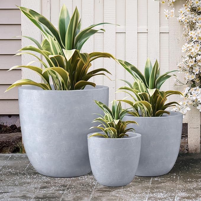 Kante 18",14",10" Dia Concrete Round Planters (Set of 3), Outdoor Indoor Large Planter Pots with Drainage Hole and Rubber Plug for Home Patio Garden, Slate Gray Kante