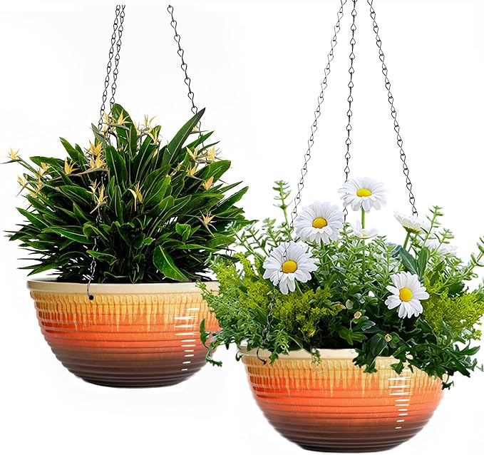12 inch Large Hanging Planters for Indoor Outdoor Plants, Set of 2 Glazed Hanging Flower Pots with Drainage Hole, Hanging Baskets for Garden Home Porch Decor LesOasis