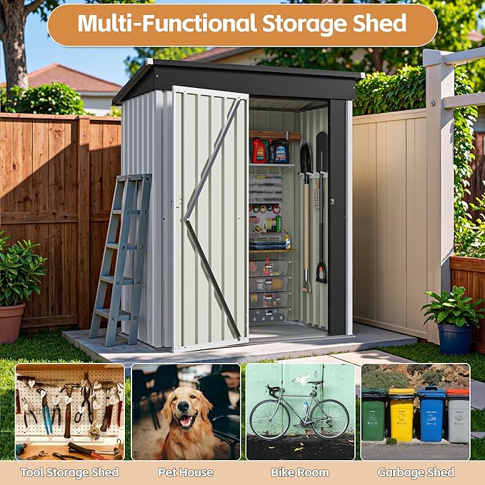 Greesum 5×3 FT Outdoor Storage Shed, Metal Storaged Sheds Without Floor, Tool Sheds with Lockable Doors and Sloping Roof for Garden, Patio, Backyard, White BuynowfromGreesum