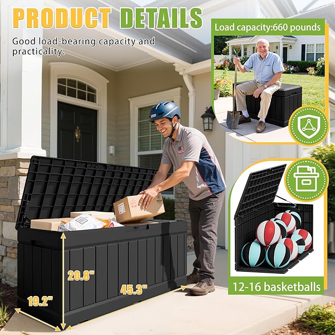 Greesum Outdoor Storage Box 82 Gallon Storage Bin with Lid for Patio Furniture, Garden Tools, Pool Supplies, Waterproof and UV Resistant, Lockable, Black BuynowfromGreesum