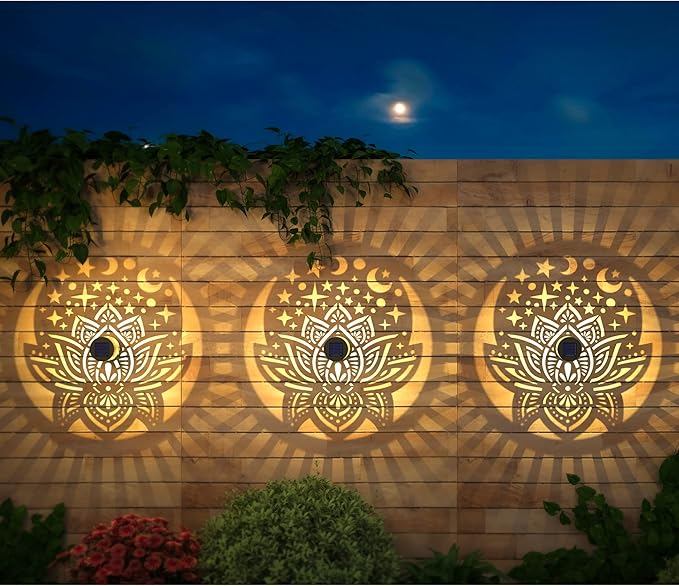 4 Pack Solar Fence Lights Metal Solar Powered Outdoor Wall Deck Lights Lotus Theme Waterproof Fence Light for Garden Post Patio Backyard Yard Decor (Lotus, 4 Pack) gardencave