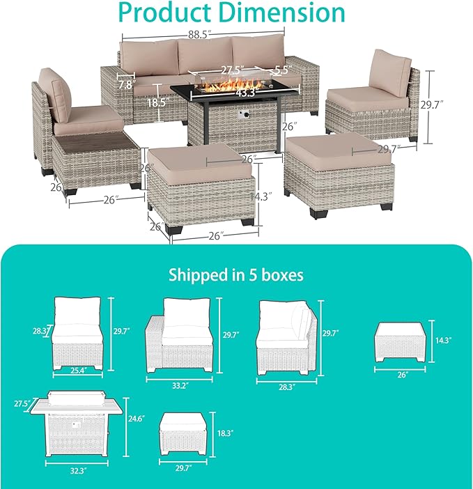 9-Piece Outdoor Patio Furniture Set with 55,000 BTU Fire Pit Table, PE Wicker Rattan Sectional Sofa Patio Conversation Set with Ottomans & Coffee Table, Sand MuphyersPatioFurniture