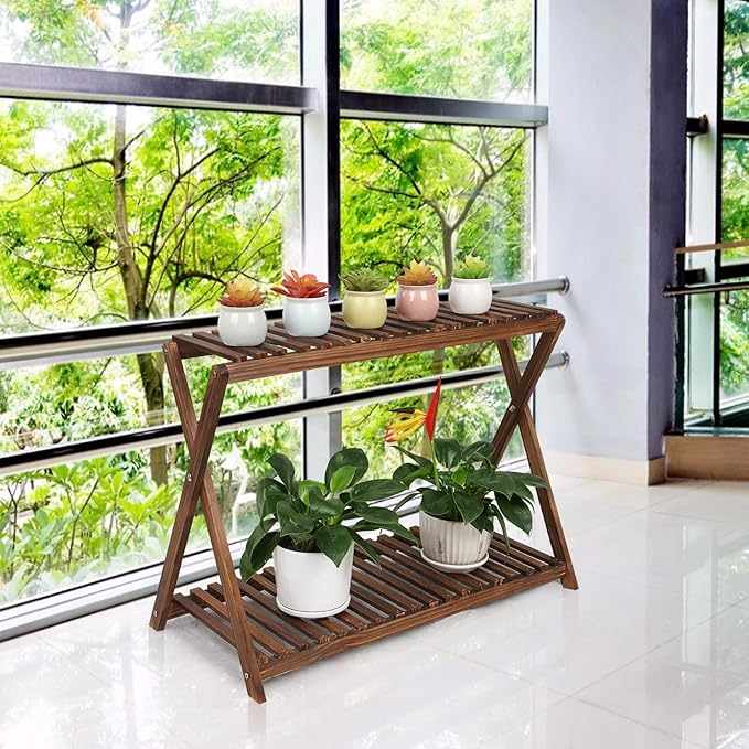 Wood Plant Stand Indoor Outdoor 2 Tiers Flower Stand Corner Stepped Planter Shelf Rack Flowerpot Holder for Plant Display in Patio Balcony Entryway Porch Livingroom (Classic X-Cross Design) TOVACU