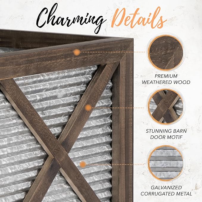 Autumn Alley Farmhouse Front Porch Planters Set of 2 Stand with Galvanized Corrugated Metal Planter for Outdoors/Indoors - Rustic Wood Square Planters Box on Legs – Charming Farmhouse Décor, Brown AutumnAlley