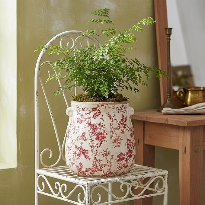 Antique Ceramic Planter & Vase for Home Decor, 6.68 Inch Rustic Farmhouse Flower Pot with Drainage Hole for Indoor Plants, Vintage Decoration for Bookshelf & Tabletop, Unique Gifts for Women (Red) XiaanJiaju