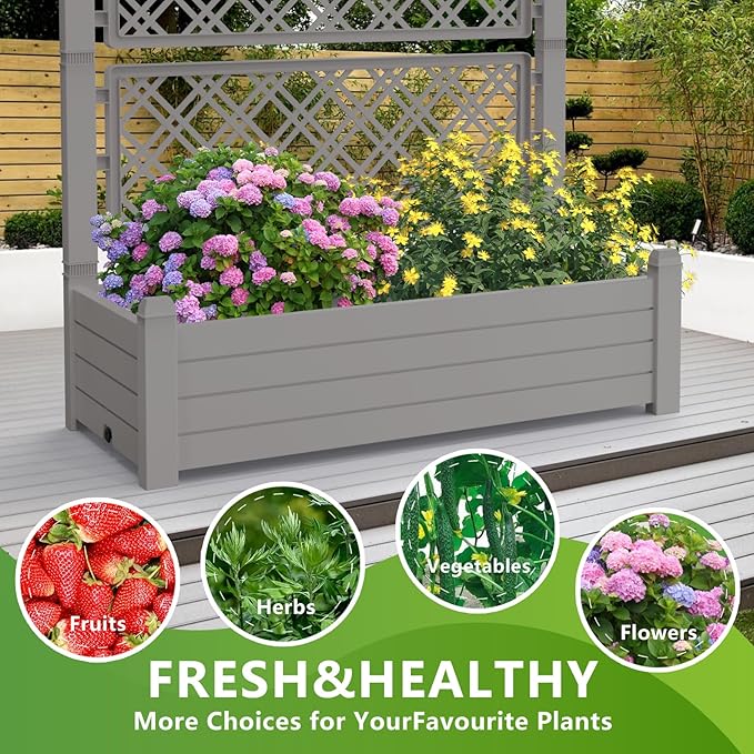 EasyUp Raised Garden Bed with Trellis for Climbing Plants, Raised Herb Garden Bed with Drainage Plug & Water Level Gauge, Durable Dust-Proof Resin Planter for Patio, Balcony, Backyard EASYUP