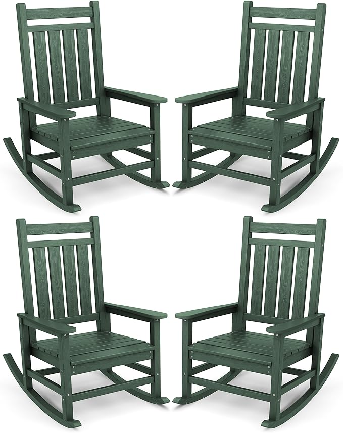 SERWALL Oversized Outdoor Rocking Chair Set of 4, HDPE Rocker for Adults, Patio Rocking Chairs for Porch, Green SERWALL