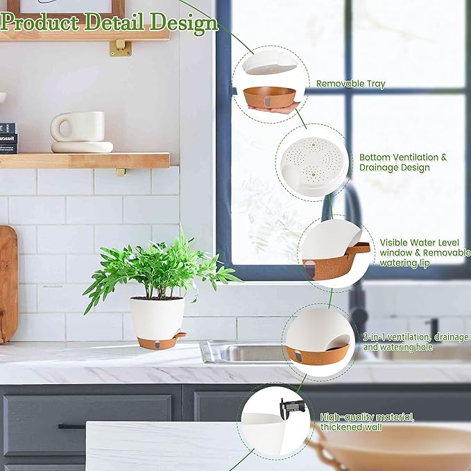 Self Watering Pots for Inoor Ourdoor Plants 10/9/8/7/6.5 Inch Plastic Planters with Drainage Holes & Water Level Indicator, Decorative House Flower Nursery Planting Pots with Saucers ((White) Fielda