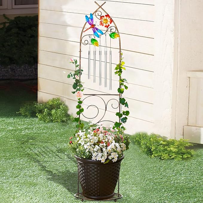Plant Stands with Garden Trellis, 48” Metal Standing Wind Chimes Plant Pot Trellis with Dragonfly for Garden Patio Backyard Climbing Plants Outdoor Decor LEWIS%26WAYNE