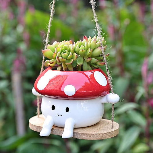 Fungi Fun Mushroom Hanging Planter Pot, Cute Ceramic Swing Face Planter for Indoor & Outdoor, Unique Mushroom Planters for Succulents, String of Pearls Plant, Small Hanging Planters Red & White FungiFunMushroomLover