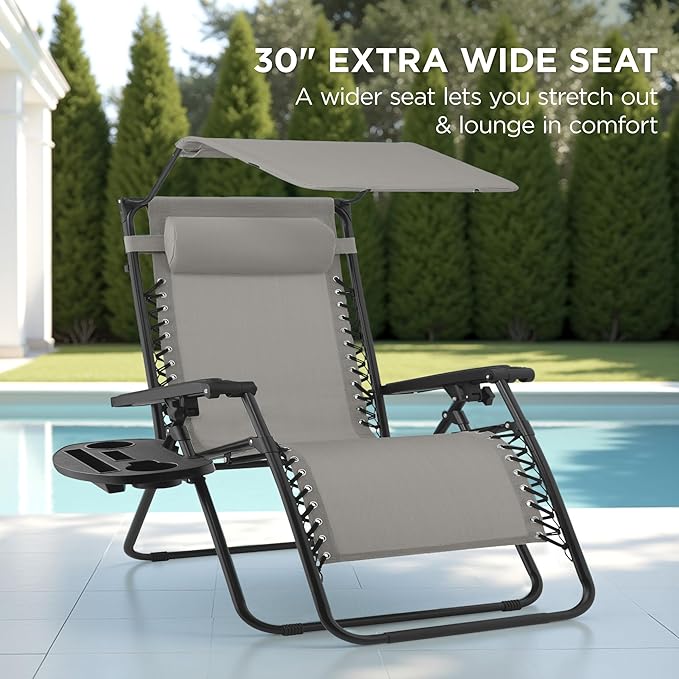 Best Choice Products 30” Wide Folding Zero Gravity Outdoor Recliner Patio Lounge Chair w/Adjustable Canopy Shade, Headrest, Side Accessory Tray - Ice Gray BestChoiceProducts