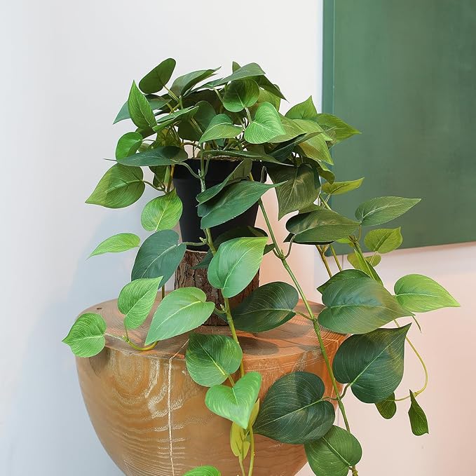 alyptus Fake Pothos Hanging Plants – 33" Set of 2 Faux Ivy Vines with Pots Realistic Silk Devil’s Ivy for Indoor Décor Low Maintenance Artificial House Plants for Home Bathroom or Office - Green ALYPTUS