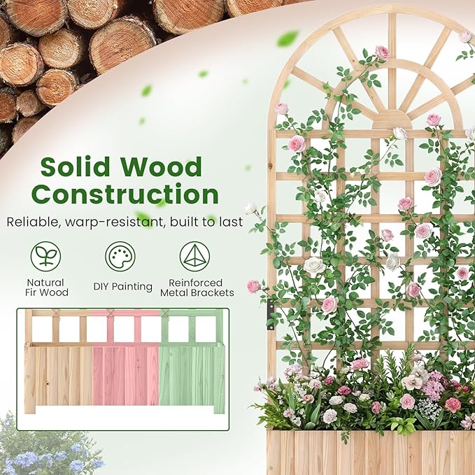 Giantex Wooden Raised Garden Bed with Arched Trellis, 71” Fir Wood Outdoor Elevated Planter Box Privacy Screen with Drainage Holes, Vertical Garden Bed for Climbing Plants, Patio Balcony Backyard Giantex