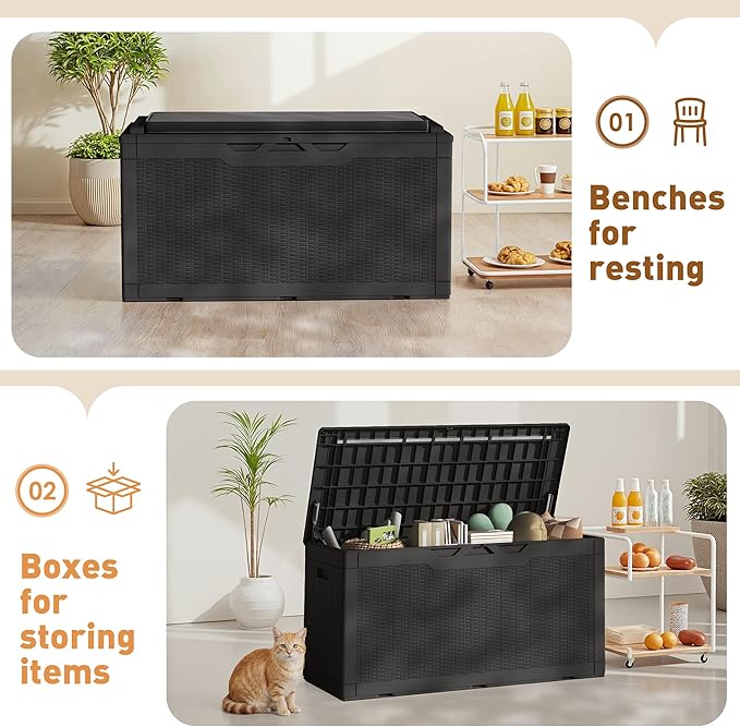 Greesum 100 Gallon Resin Deck Box Large Outdoor Storage Boxes with Cushions for Garden Tools, Patio Furniture Pillows, Pool Supplies, Black BuynowfromGreesum