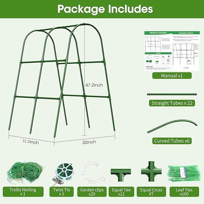 Cucumber Trellis for Raised Bed,U-Shape Garden Trellis for Climbing Plants Outdoor, Metal Arch Vegetables Trellis, Plant Support for Vine (Green, 31.5" Lx21.6 Wx47.2 H-Small) MQHUAYU