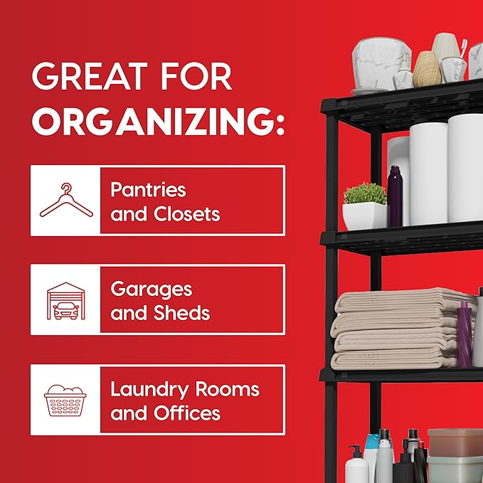 IRIS USA 3-Shelf Light Duty Plastic Storage Shelves, 150lb Capacity, 33" H x 24" W x 12" D, Medium Modular Shelving Unit Storage Organizer for Bathroom, Laundry, Garage & Home, Storage Rack - Black IRISUSA
