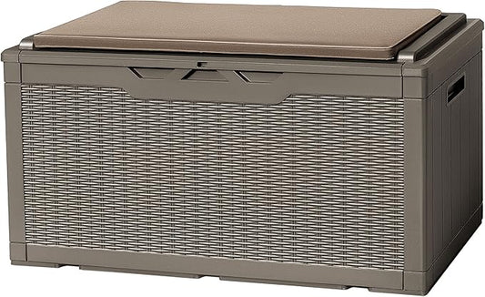 Flamaker Deck Box with Cushion 100 Gallon Waterproof Resin Storage Box with Air Rod Indoor Outdoor Lockable Storage Bench for Patio Furniture, Tools, Pool Accessories (Brown) Flamaker