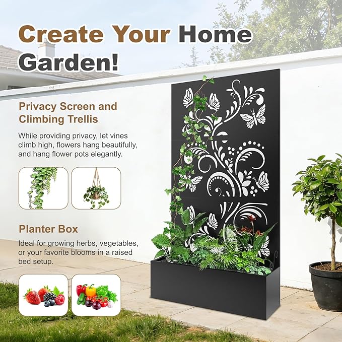 Metal Raised Garden Bed with Trellis & Privacy Screen, 71"x40"x11.8" Galvanized Freestanding Planter Box for Patio Balcony, Modern Planter with Drainage for Climbing Plants, Flowers & Vegetable XOCUWU