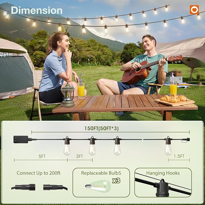 addlon 150FT LED Outdoor String Lights with Remote Dimmable Patio Lights with Timer & 3 Lighting Modes, 48 Shatterproof Edison Bulbs, Waterproof Shatterproof Hanging for Outside Backyard Porch Party addlon