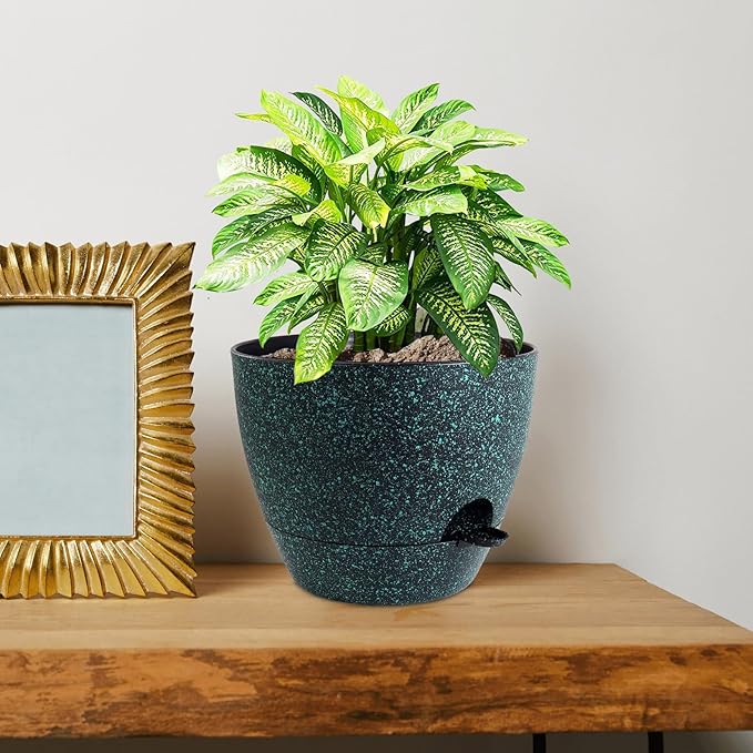 10 inch Self Watering Pots, Planter, Plant Pots with Mesh Drainage Holes for Indoor Outdoor House Plants and Garden, 2 Pack Plastic Flower Pots with Reservoir, Black with Green Speckles WSMKSZ