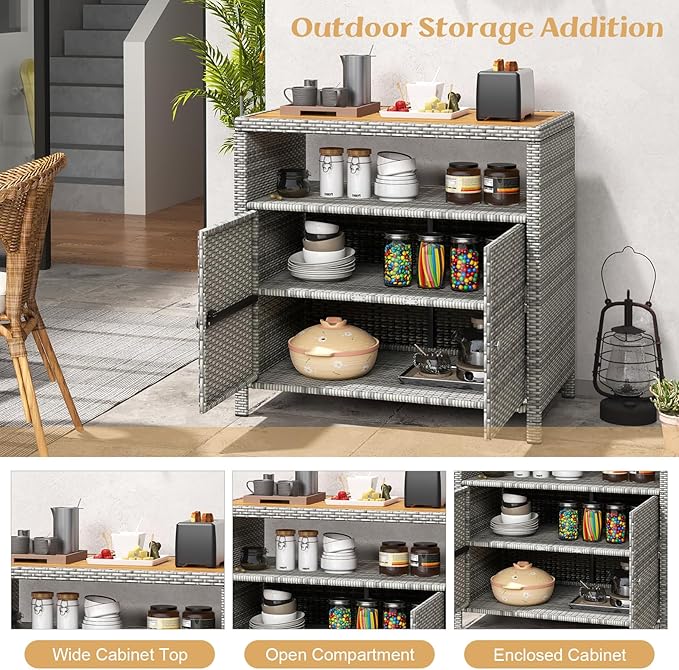 Tangkula Rattan Outdoor Storage Cabinet, Patiojoy Outdoor Cabinet with Acacia Wood Countertop, Open Compartment, 2-Door Wicker Sideboard, Outdoor Bar for Patio Garden Backyard Poolside (Mix Grey) TANGKULA