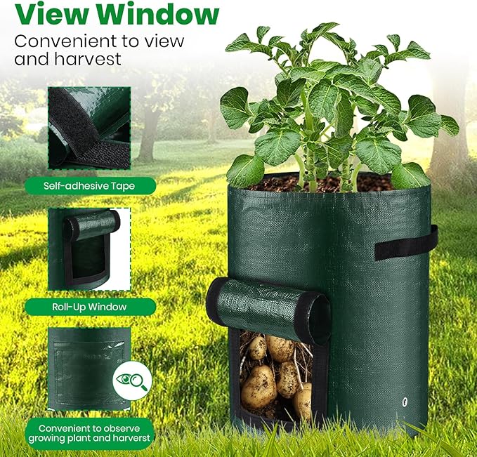 10 Gallon 3-Pack Potato Grow Bags, Heavy Duty PE Fabric Pots with Flap and Handles, Green Planter Bags for Potato Vegetables Outdoor Garden, 17.7''x13.8'' Large for All Plants Growing Lifeisbetterinthegarden