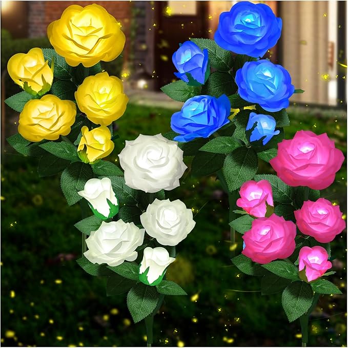 Solar Flower Lights Outdoor - Upgraded New Material Two Modes Realistic LED Solar Powered Waterproof Lights with 5 Roses, Solar Decorative Stake Lights for Garden (Multicolor, 4 Pack) LightYourLife