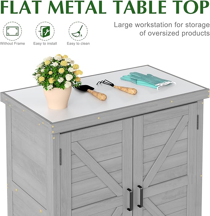 Outdoor Storage Cabinet & Potting Bench Table with Metal Top, Wooden Patio Furniture, Garden Workstation (Classic Grey, 36x31x17in) OutdoorFurniture