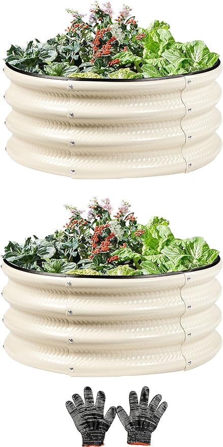 2 Pcs 2x2X1 ft Metal Galvanized Round Raised Garden Bed Kit Outdoor, Cream White Planter Garden Bed, Raised Box for Vegetables, Fruits, Flowers & Herbs Gartist