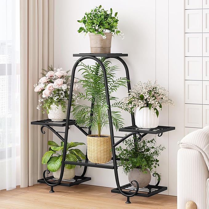 Plant Stand Indoor Outdoor Shelf Metal Holder Pot Rack Multiple Plants Stand Tall 6 Pot Flower Shelf Corner Living Room Garden,Black (Black, 6 Pots) INGIORDAR