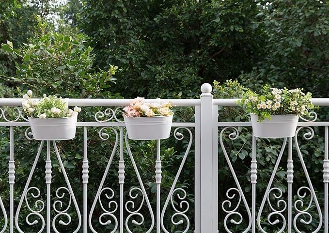 Dahey 3 Pcs 10.5 Inch Metal Iron Hanging Flower Pots for Railing Fence Hanging Bucket Pots Countryside Style Window Flower Plant Holder with Detachable Hooks Home Decor,White Dahey