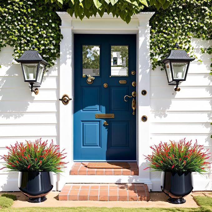 Artificial Faux Plants Flowers for Outdoor Decorations, Fake Monkey Grass for Outside Porch Patio, No Fade Realistic Greenery Plant, UV Resistant Artificial Bush Shrubs for Courtyard Window Garden Ammyoo