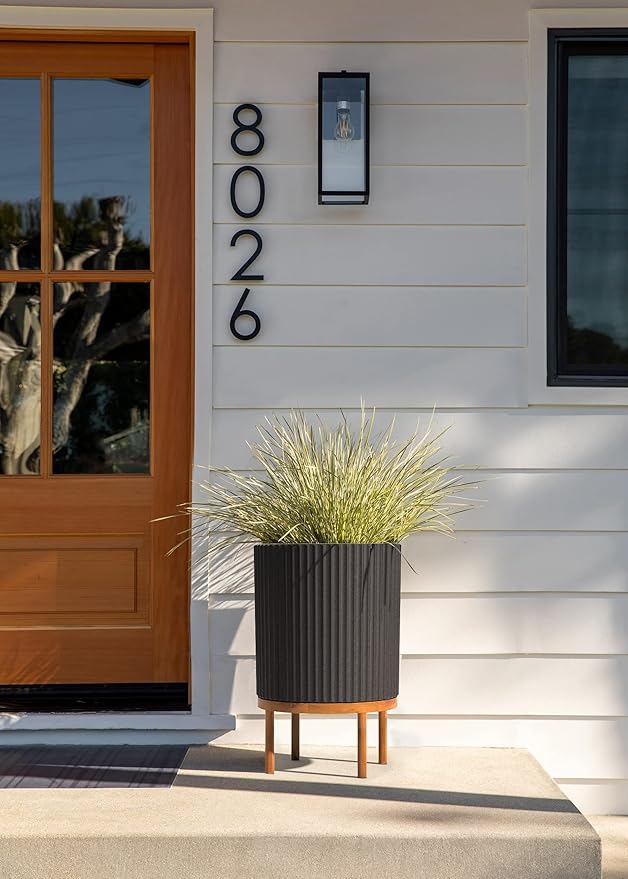 Veradek Demi Series Round Planter w/Stand for Porch/Patio | Durable Plastic-Stone Composite & Wooden Stand | Modern Décor for Tall Plants, Flowers VeradekOutdoor