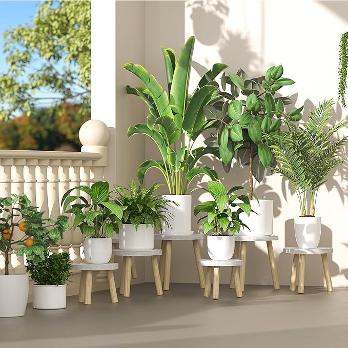 3-Pack Wood Plant Stands Indoor, Single Plant Stand for 6-12 Inch Pots, Mid-Century Modern Plant Stool, Tall Plant Stand for Large Plants for Living Room, Balcony, Office (White) Rootora