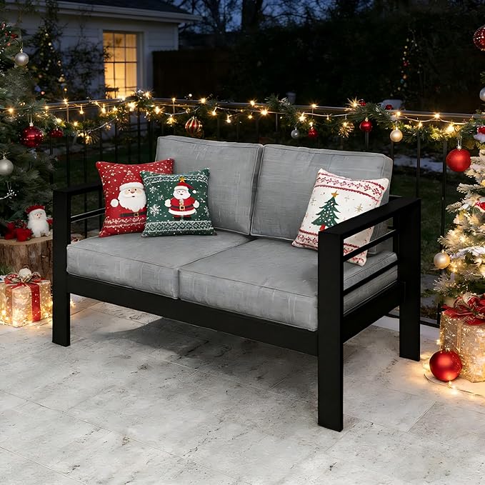 Kiss the Water Outdoor Patio Furniture Loveseat Sofa, All-Weather Metal Aluminum Patio Couch with 5" Thick and Soft Cushion and Wide Arm, Outdoor Couch for Balcony, Porch, Backyard KisstheWaterPatioTool