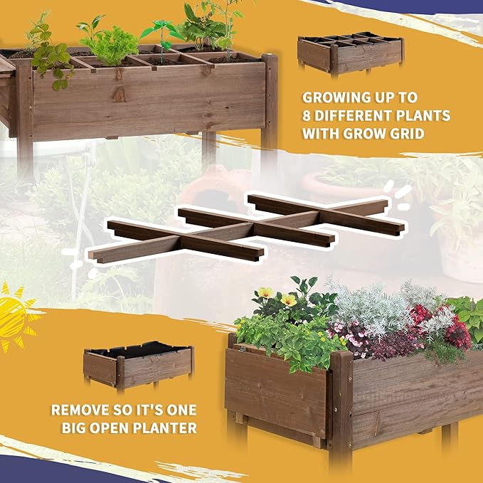 Outsunny Raised Garden Bed with 8 Grow Grids, Wooden Outdoor Plant Box Stand with Folding Side Table and Wheels, 49" x 21" x 34", for Vegetables, Flowers, Herbs, Brown Outsunny
