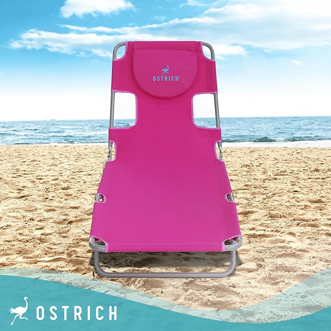 Ostrich Beach Lounge Chair, Folding & Reclining Outdoor Chaise Lounger, Pink - Portable Adjustable Recliner Chair for Lawn, Pool, Patio, Garden, and Yard OstrichProducts