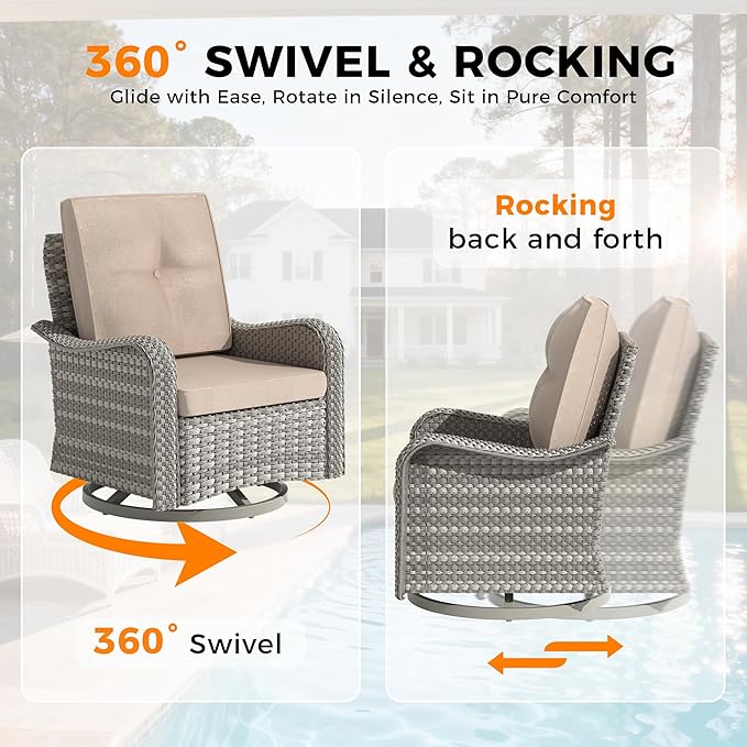 8-Seat Modern Patio Furniture Set with Swivel Rocking Chairs, Thick 4″ Cushions, Dual-Strand Wicker Rattan, Rust-Resistant Steel Frame – Outdoor Conversation & Modular Sectional,Beige MASIONBACKYARDS