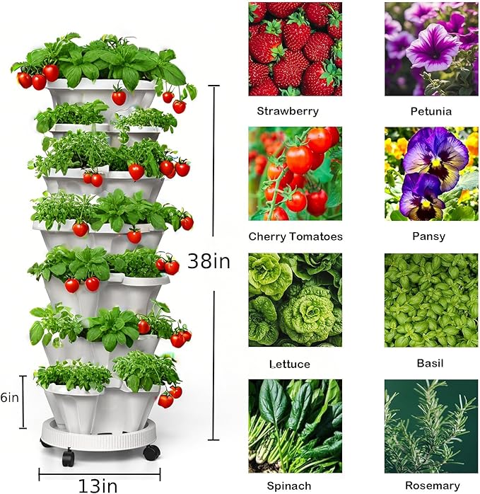 7 Tiered Strawberry Planters 3 Pack, Vertical Stackable Planter, Herb Stacking Tower Garden, Flower and Vegetable Planters with Support Pole Indoor & Outdoor with Removable Wheels - White Lykvrii