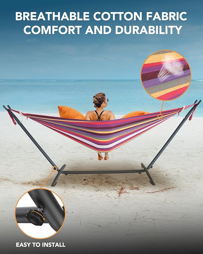 Double Hammock with Heavy-Duty Steel Stand,Portable,Easy Assembly,600lbs Weight Capacity,Perfect for Indoor,Yard,Camping,or Outdoor-Rainbow Rootora