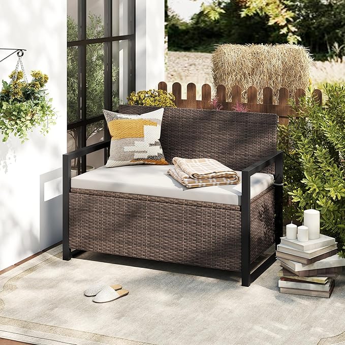 Tangkula 40 Gallon Outdoor Bench with Storage, Patio Wicker Storage Bench with Cushion, Cover, Metal Frame, Deck Box Seat for Backyard, Poolside, Balcony, Garden TANGKULA