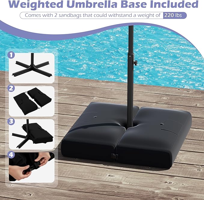 Tangkula 10ft Solar LED Patio Umbrella with Base, Offset Cantilever Outdoor Umbrella with 32 LED Lights, Infinite Tilt, 360 Degree Rotation, Crank Handle for Pool Deck Garden Backyard (Gray) TANGKULA
