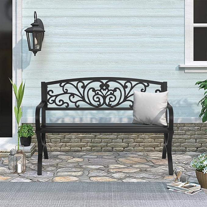 Patio Garden Bench 50 inch Outdoor Metal Loveseat Chairs with Armrests Slatted Seat and w/Floral Design Backrest for Park, Yard, Porch, Lawn, Balcony, Backyard, Black FDW
