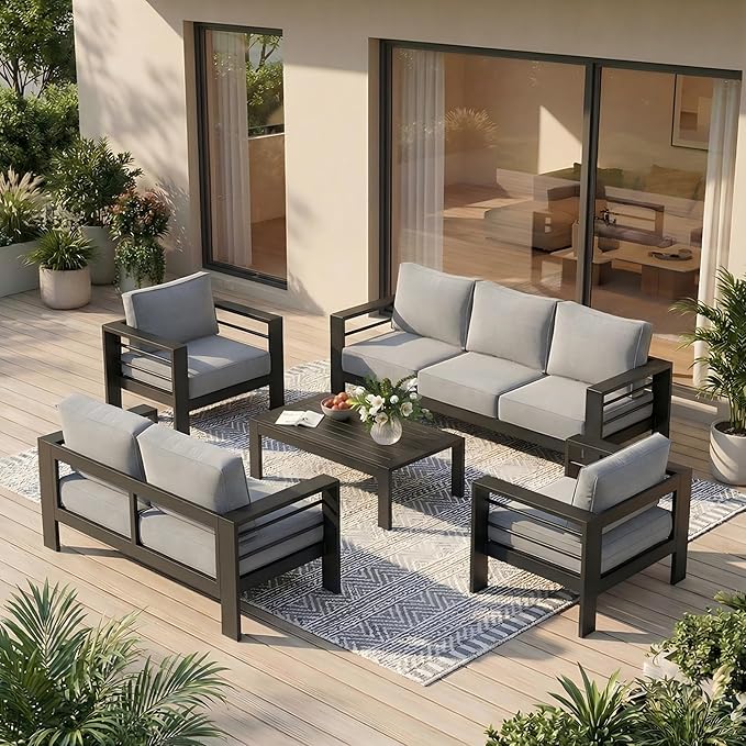 Solaste Aluminum Outdoor Patio Furniture Set, 7 Seats Patio Sectional Sofa with 5" Thick Cushion, Outdoor Patio Set with Coffee Table for Porch, Backyard, Deck, Yard, Light Grey Solaste