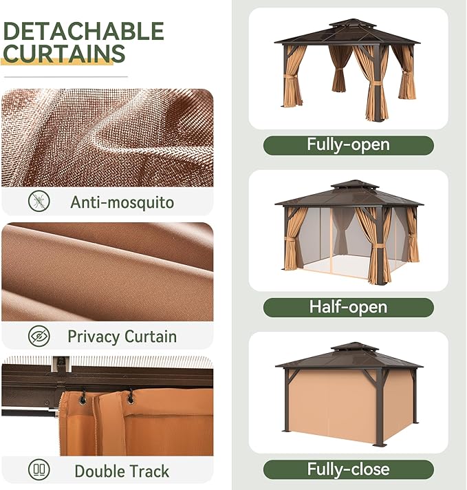 Aoxun 12'x12' Hardtop Gazebo, Aluminum Frame Permanent Pavilion with Curtains and Netting, Outdoor Polycarbonate Double Roof Canopy, Designed for Garden, Lawns, Patio, Brown Aoxun